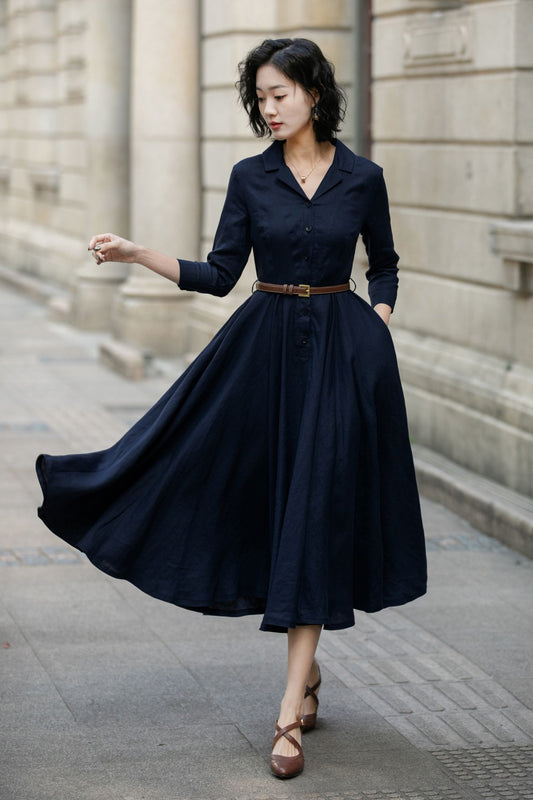 Navy Linen Shirt Dress for Women, Xiaolizi Belted A-Line Dress 6708