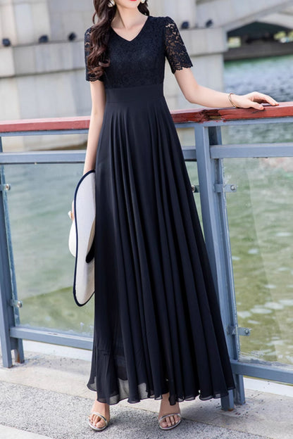 Black chiffon and lace summer maxi dress 5025