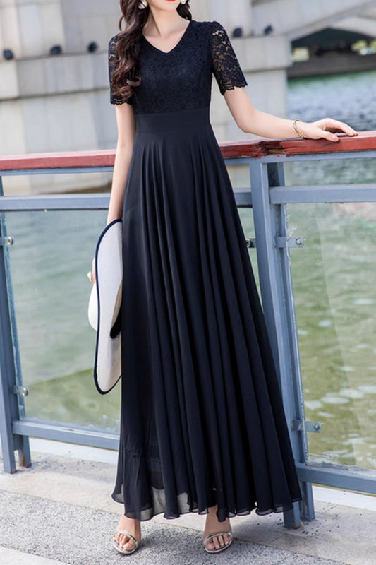 Black chiffon and lace summer maxi dress 5025