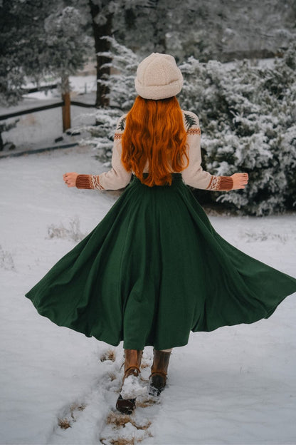 Green Wool Maxi Skirt – Vintage High Waist Winter Long Skirt 4838