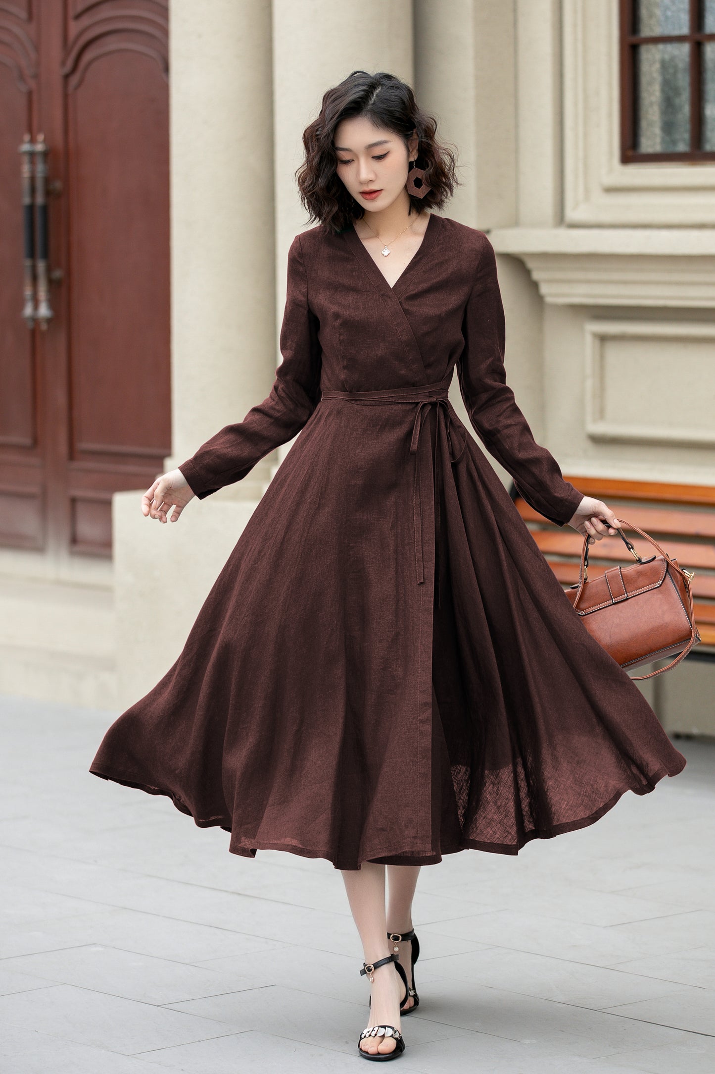 Brown Linen Wrap Midi Dress - Fit and Flare, V-Neck Silhouette 6285