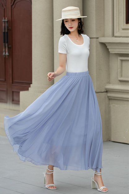 Handmade Light Blue Chiffon Midi Skirt – Flowing A-Line Swing with Elastic Waist 5110