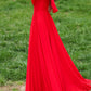 Fit and flare red prom chiffon dress with cape 5029