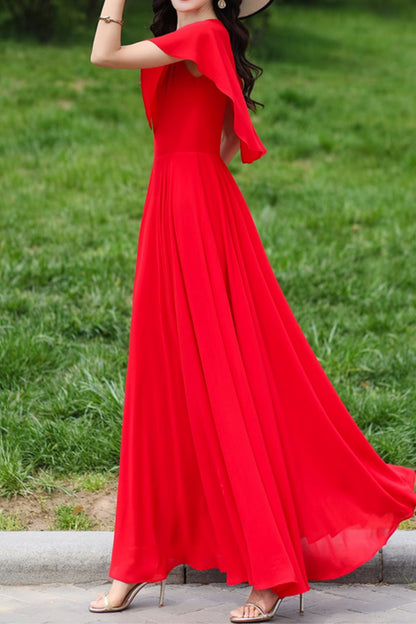 Fit and flare red prom chiffon dress with cape 5029
