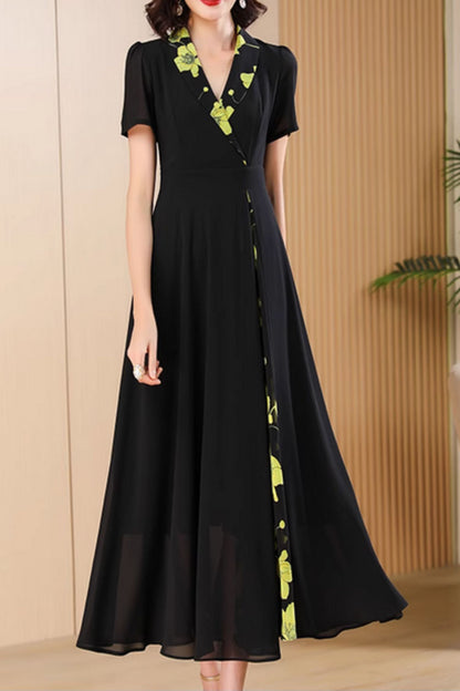 Black Chiffon Midi Dress - Lapel Collar with Floral Contrast 4994