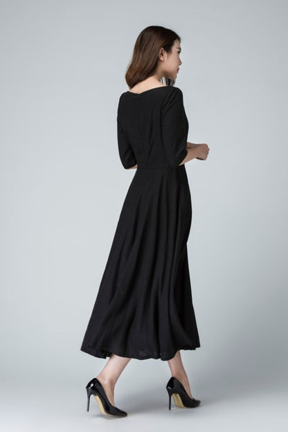Black Linen Little Black Dress – Handmade Vintage Fit & Flare Midi Dress with Pockets | Xiaolizi 1458