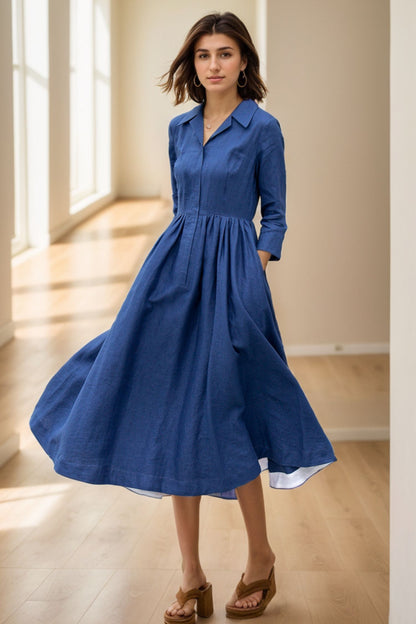 Fit and flare blue linen shirt dress women 5117