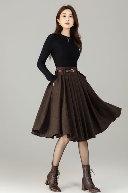 Vintage Wool Blend Circle Skirt – Handmade Knee Length Winter Skirt with Pockets | Xiaolizi 6499