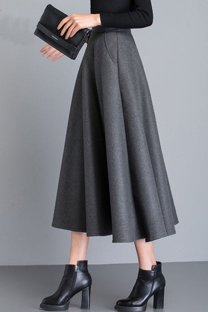 Handmade Wool Midi Skirt – Vintage A-Line High Waist with Pockets 6212