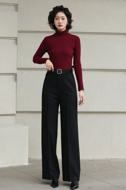 Handmade Vintage Wool Pants – Black High Waist Wide Leg Winter Trousers 6620