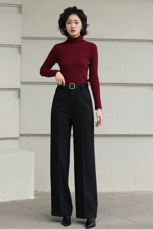 Handmade Vintage Wool Pants – Black High Waist Wide Leg Winter Trousers 6620