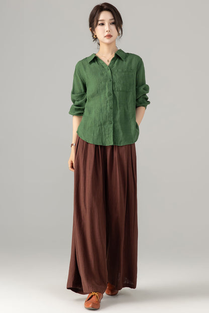 Green Linen Blouse - Loose Fit Vintage Collar Long Sleeve | Xiaolizi 5698