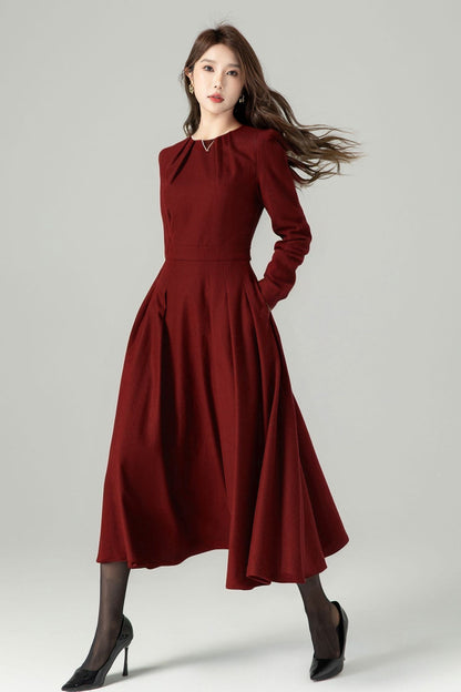 Burgundy Wool Midi Dress - Pleated Skirt & Tailored Fit 5229
