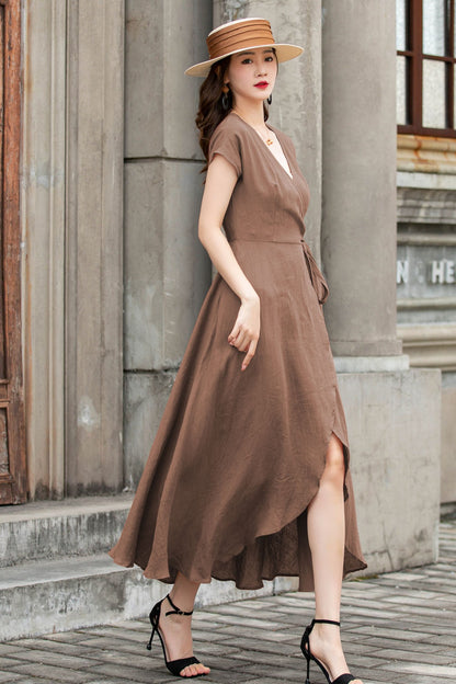 Brown Linen Wrap Dress – Handmade Summer Vintage Elegance 5761