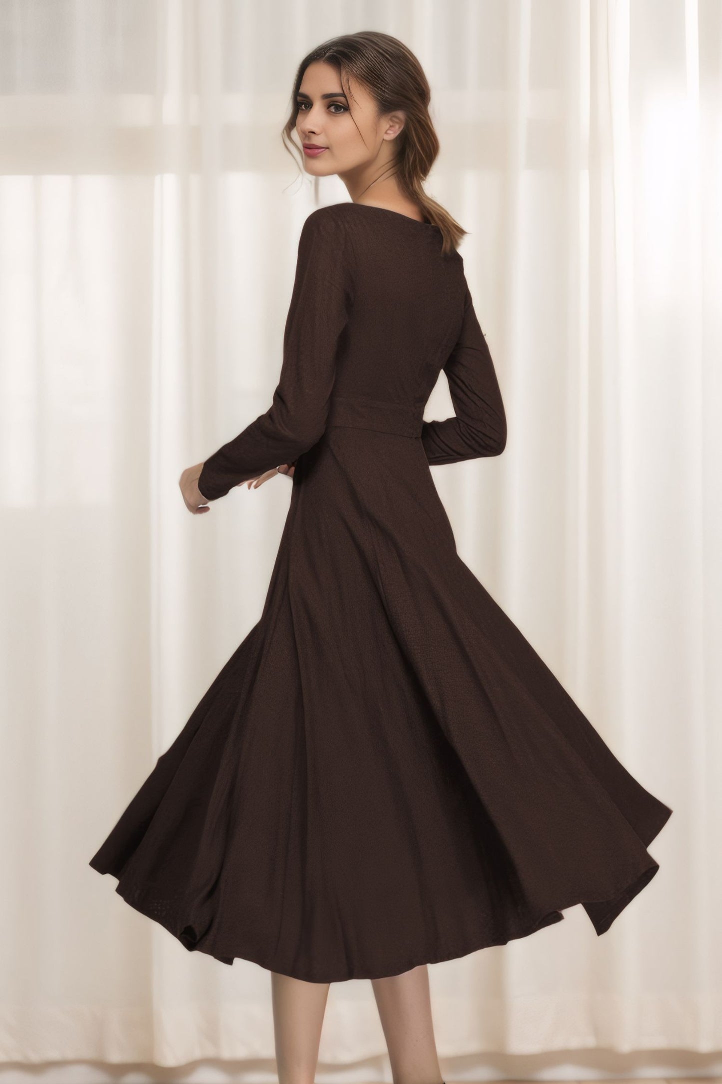 Elegant Brown Linen Cotton Dress – Boat Neck A-Line Midi | Xiaolizi 6314