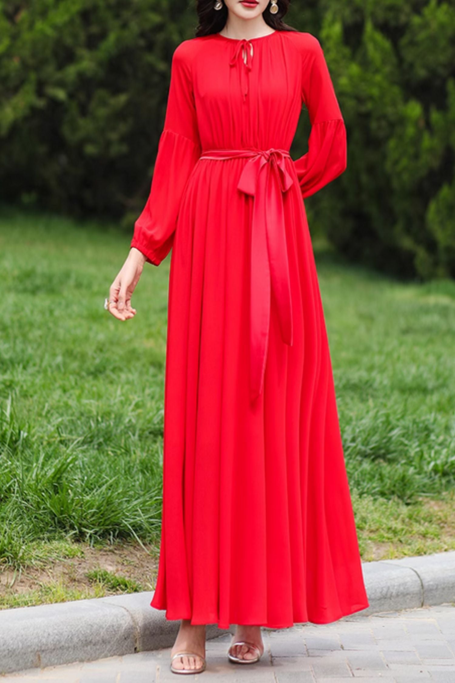 chiffon maxi dress red Red Tall Chiffon Cowl Neck Maxi Dress With Scarf