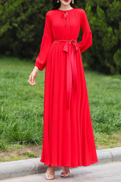 Red Chiffon Maxi Dress - Fitted Waist with 3/4 Sleeves 5003