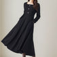 Long sleeves black midi wool dress 5246