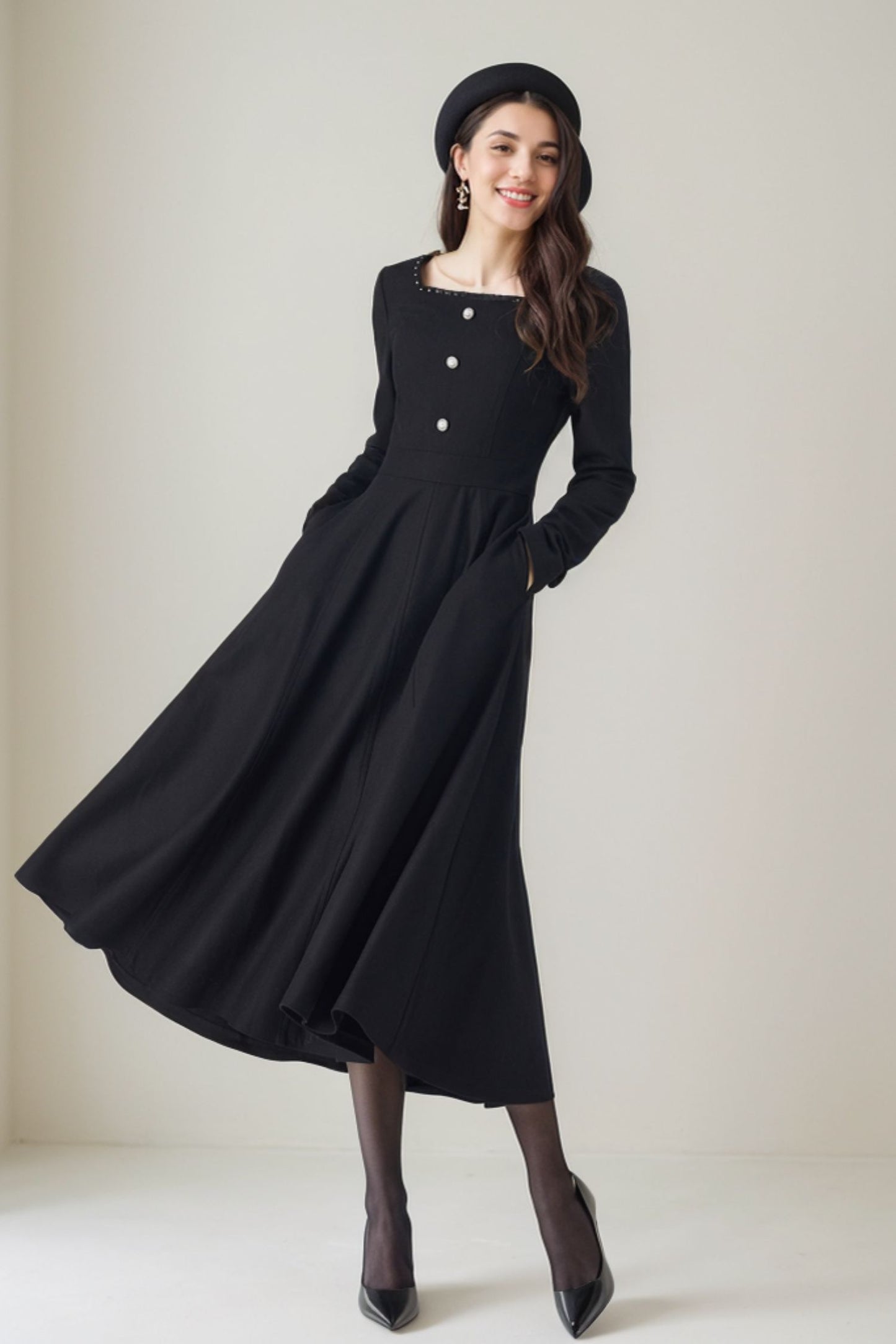 Long sleeves black midi wool dress 5246