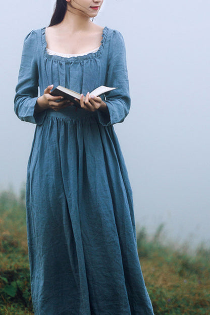 A line long sleeves spring linen dress HY0036
