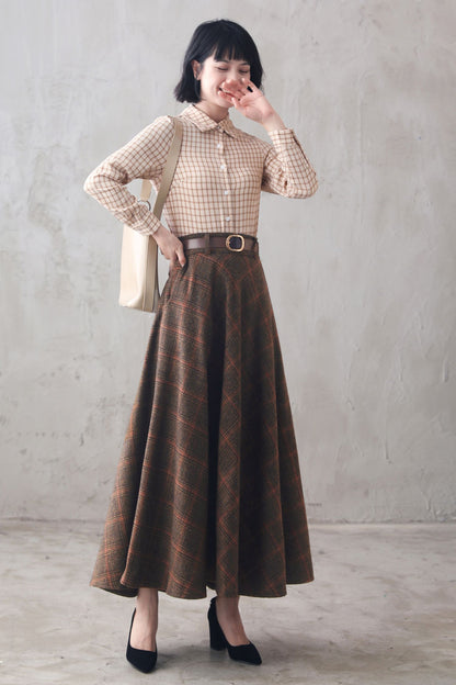 Brown Plaid Wool Maxi Skirt – Vintage High Waist Winter Long Skirt with Pockets 3102