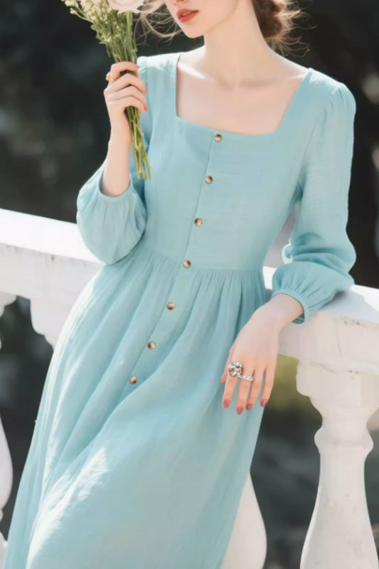 Linen Midi Dress – Vintage Square Neck Button Front Summer Dress | Xiaolizi 6638