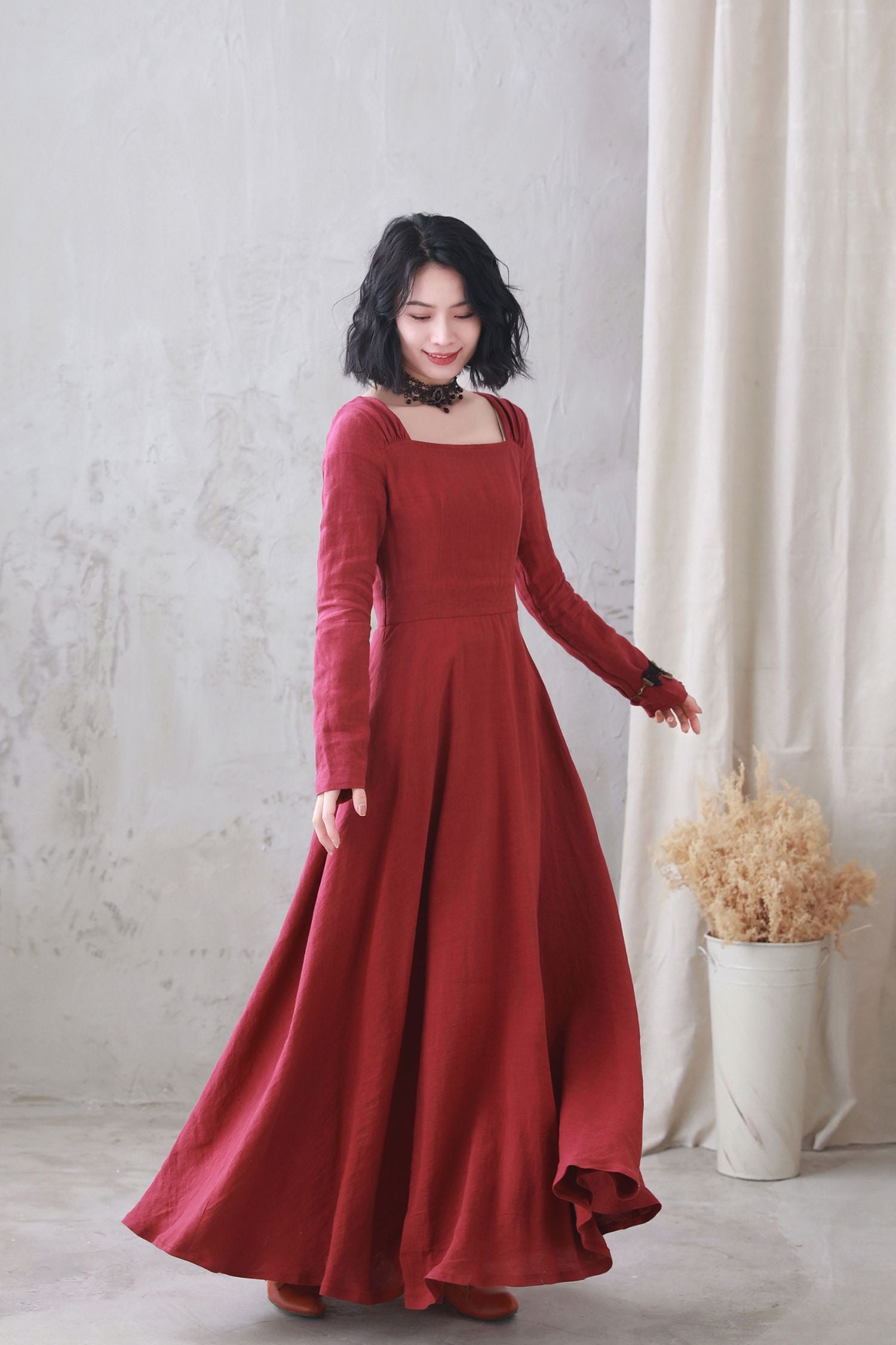 Vintage Red Linen Cotton Maxi Dress – Square Neck Long Sleeve Burgundy / M