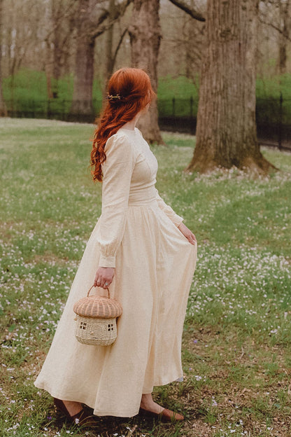 Beige Linen Maxi Dress - Pleated Waist & Lantern Sleeves 3498