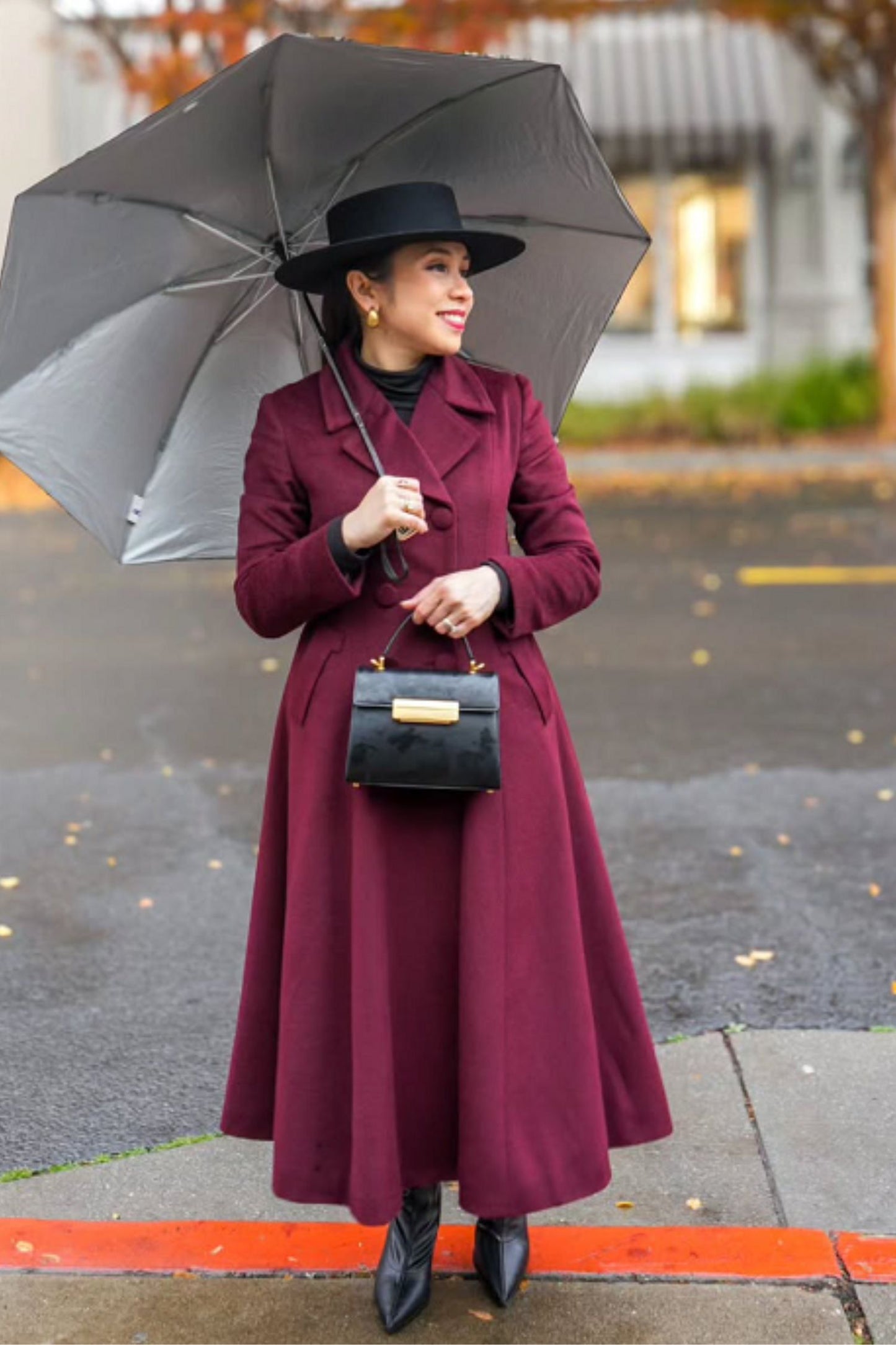 Burgundy Wool Swing Coat – Vintage 1950s Double Breasted Long Overcoat 6678