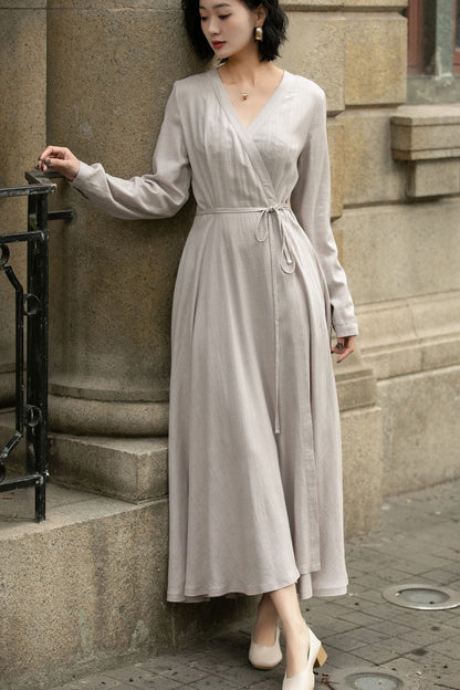 Gray Linen Dress - Wrap Style with Long Sleeves and Waist Tie 5672
