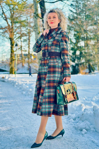 Autumn Forest Plaid Wool Coat – Vintage Fit and Flare Long Winter Overcoat 4807