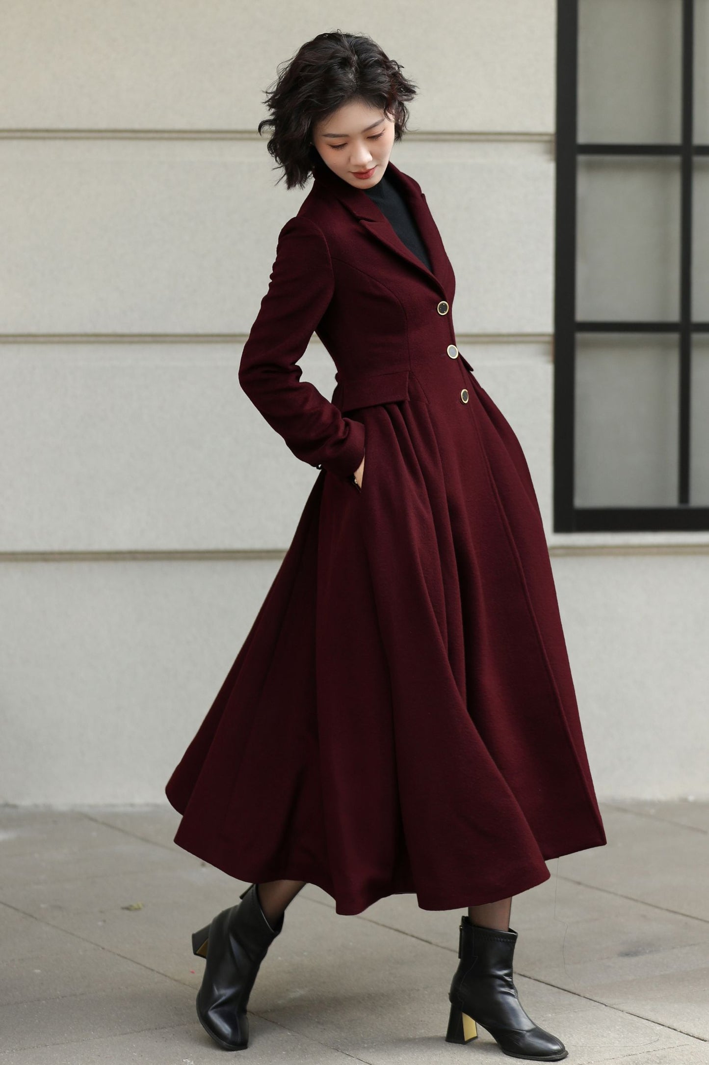 Handmade fit and flare burgundy winter wool coat 6533