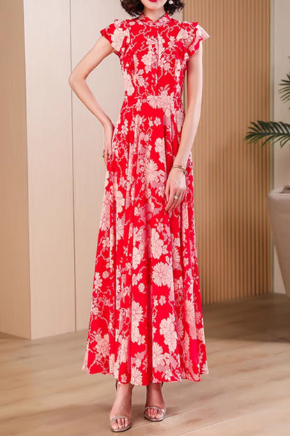 Red floral printed maxi chiffon dresses for women 4990
