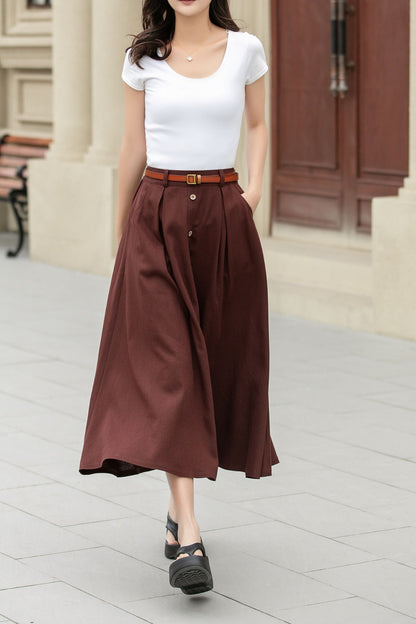 A line brown button front midi linen skirt 4949