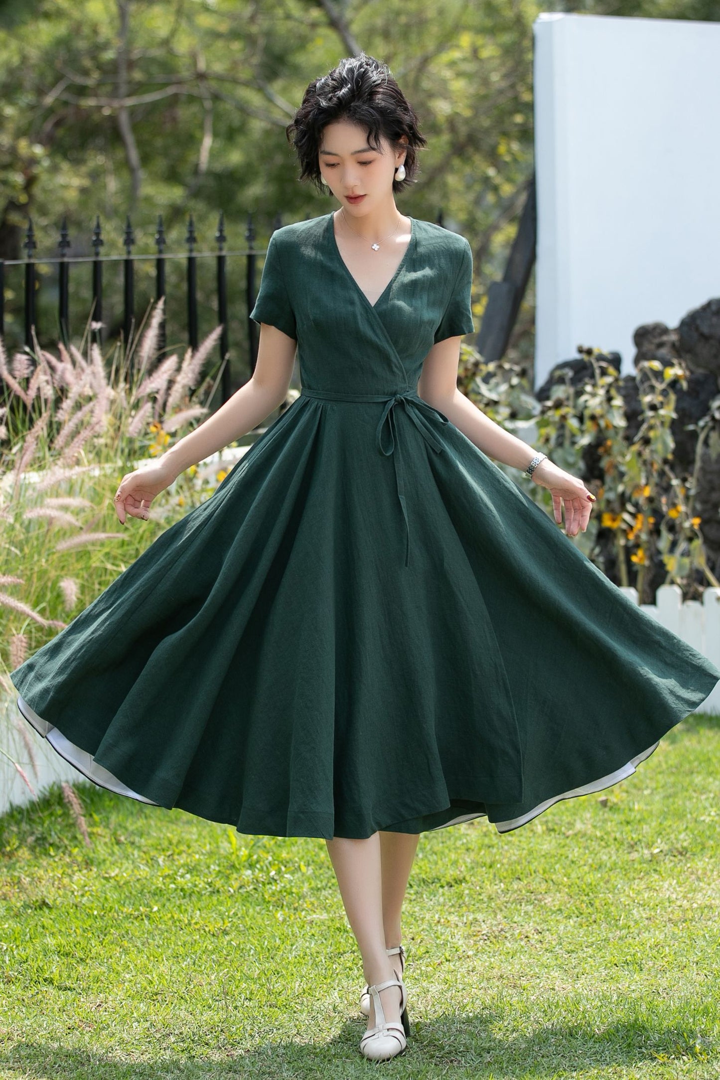 V-Neck Linen Fit and Flare Midi Dress | Xiaolizi 6739 - Size XS #CK2600280