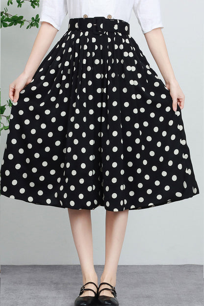 Black & White Polka Dot Polyester Midi Skirt - High-Waisted Pleated A-Line 5739
