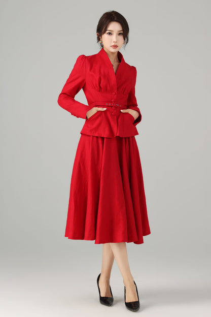 Linen Two-Piece Set - Vintage Blazer & Circle Midi Skirt | Xiaolizi 5759