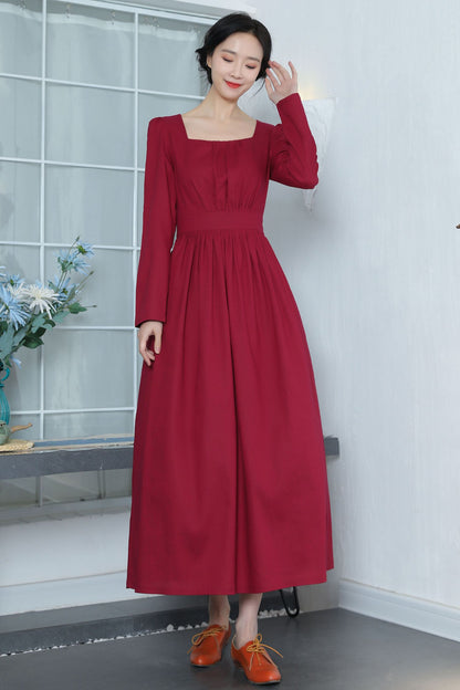 Wine Red Linen Dress - Vintage Fit & Flare with Square Neckline 3370