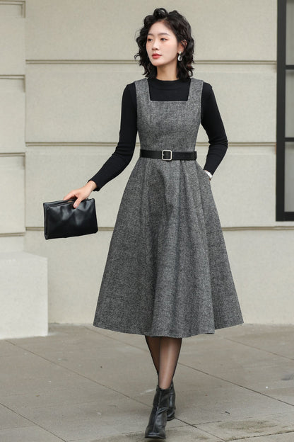 Handmade Wool Pinafore Dress – Gray Sleeveless Midi for Autumn Winter 6418