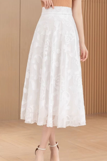 Midi white high waisted chiffon skirt 6190