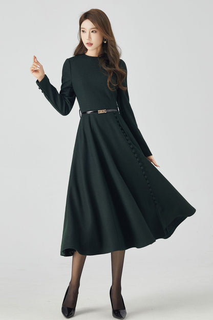 Dark Green Winter Long Wool Dress 4522