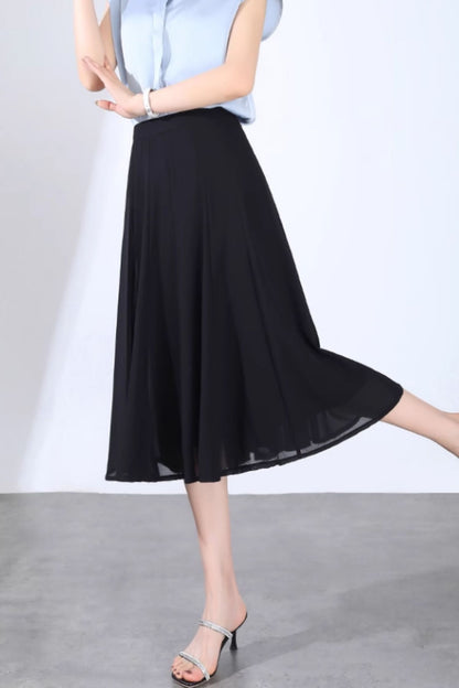 Green Chiffon A-Line Midi Skirt - Flowy Swing Silhouette 6129