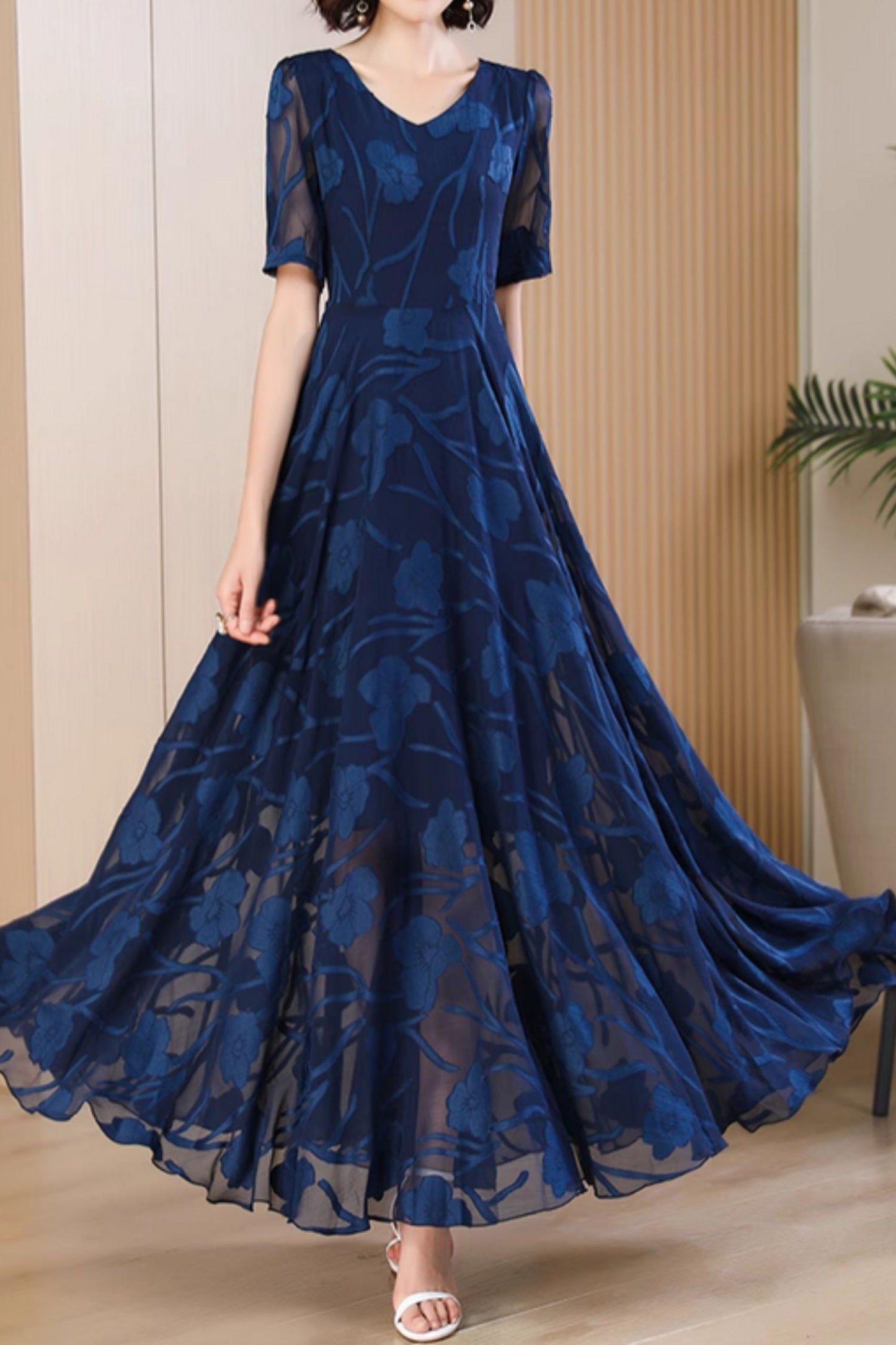 Dark blue floral maxi prom summer chiffon dress 5051