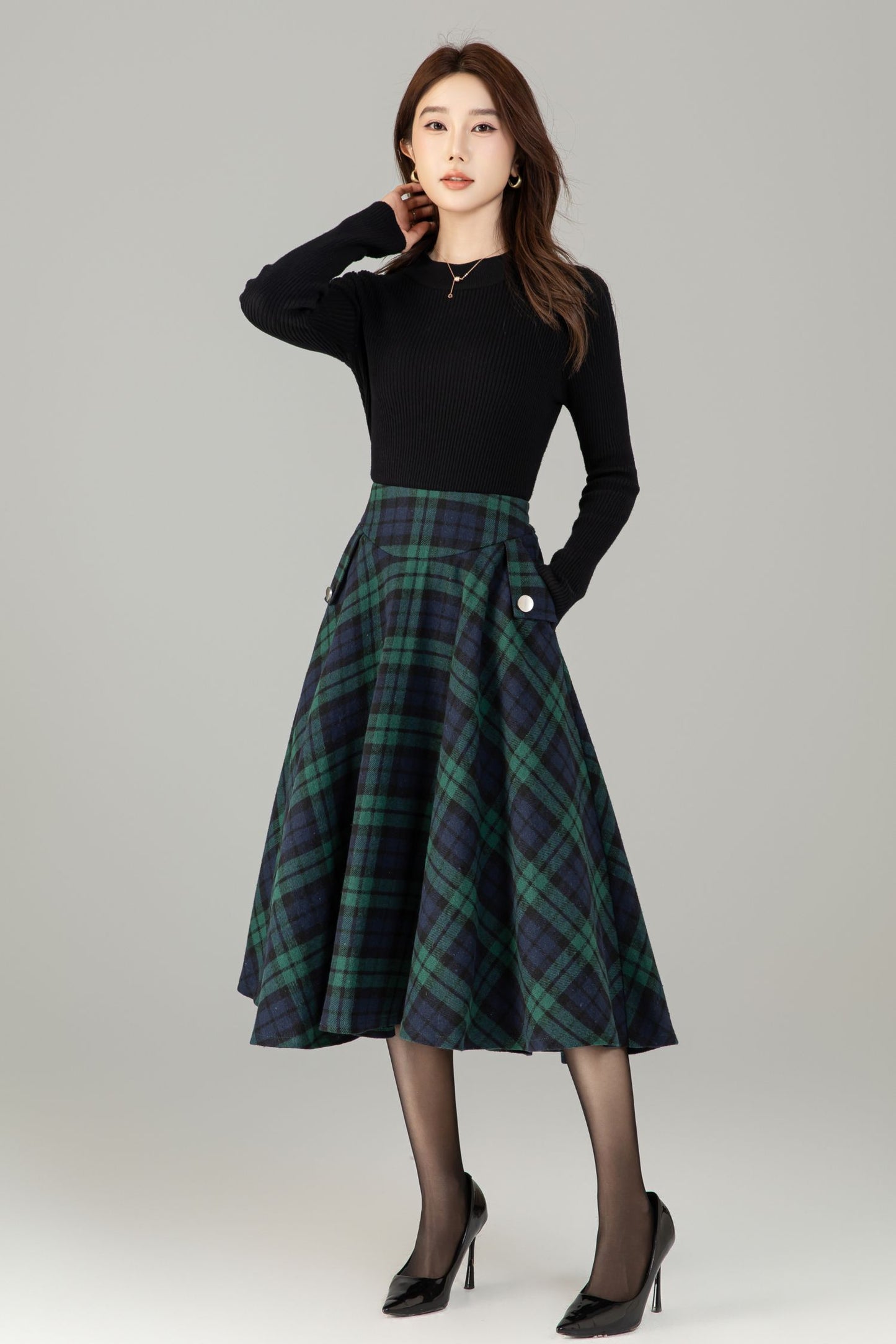 Xiaolizi Plaid Wool-Blend Pleated A-Line Midi Skirt – Plus-Size Winter 6502