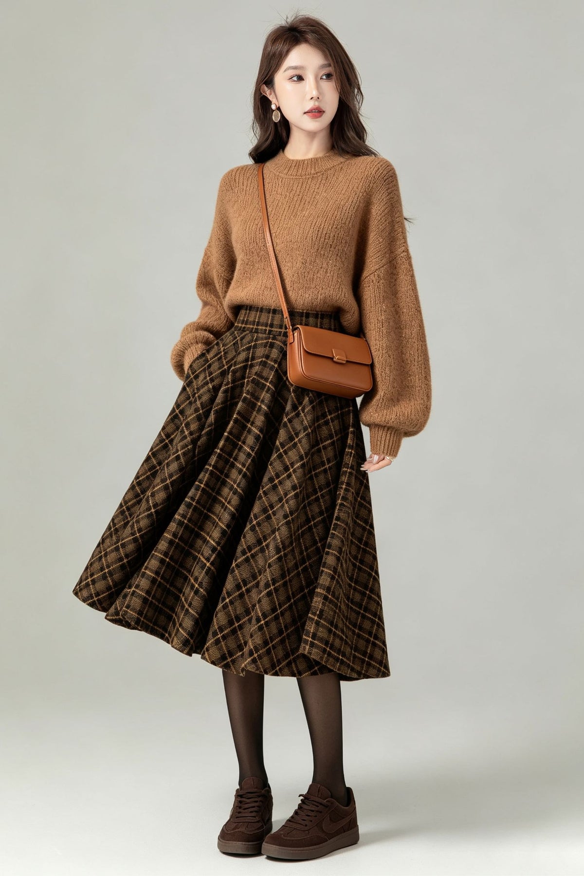 Vintage Brown Plaid Wool Swing Midi Skirt-High Waist Flared Skirt with Pockets 7013