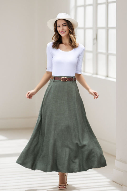 Green A Line Maxi  Linen Skirt with Pockets  2784
