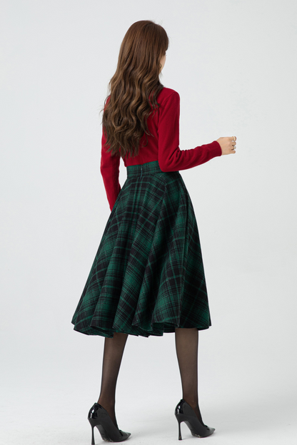 Handmade Wool Plaid Circle Skirt – Vintage High Waist Winter Midi Skirt | Xiaolizi 5319