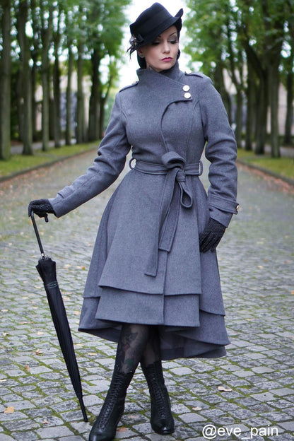Grey Wool Coat - Tiered Hem, Self Tie Waist 2408