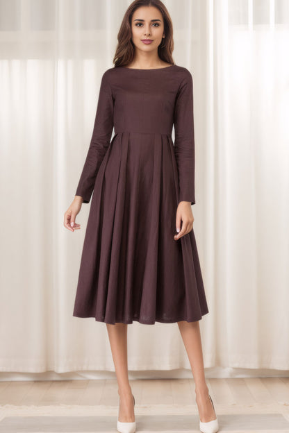 Brown Linen Dress - A-Line Silhouette with Boat Neck 5615