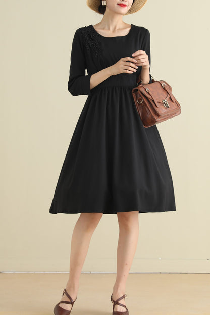 Vintage inspired little black linen dress women 2794